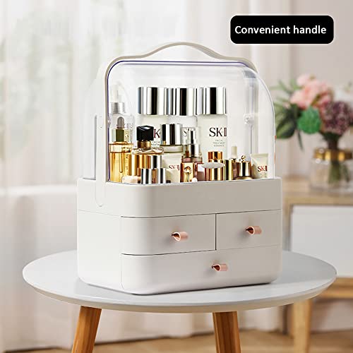 "Makeup Organizer, Dustproof Cosmetic Storage Box with Portable Handle & Fully Open Waterproof Lid for Bathroom Countertop Bedroom Dresser(White)"
