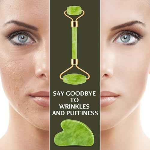 Jade Roller & Gua Sha Facial Tools, Natural Anti-Aging Jade Beauty Skin-Care Tool Face Roller to Rejuvenate Facial Skin Cooling, Slimming & Firming, Great as Stocking Stuffers