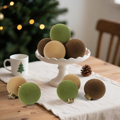 IPOPU 15PCS 3.15" Velvet Christmas Balls with 10PCS Velvet Bows Christmas Tree Ornaments Set Flocked Christmas Balls for Xmas Decorative Hanging Ornaments(Brown, Green, Khaki)