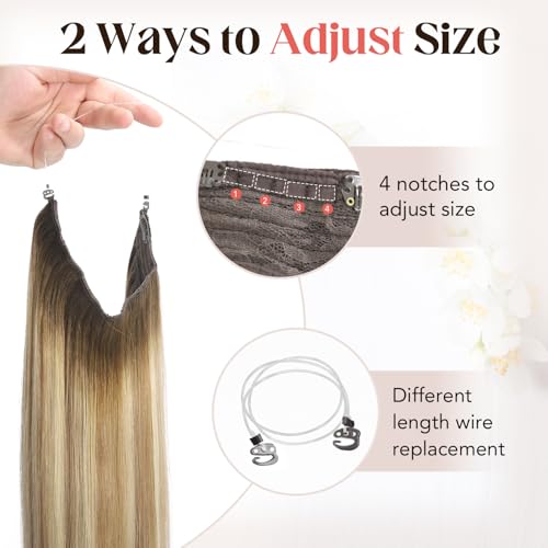 XDhair Wire Hair Extensions 85g 18 Inch Balayage Walnut Brown to Ash Brown and Blonde Invisible Fish Wire Hair Extensions for Women #3/8/22 18 Inch