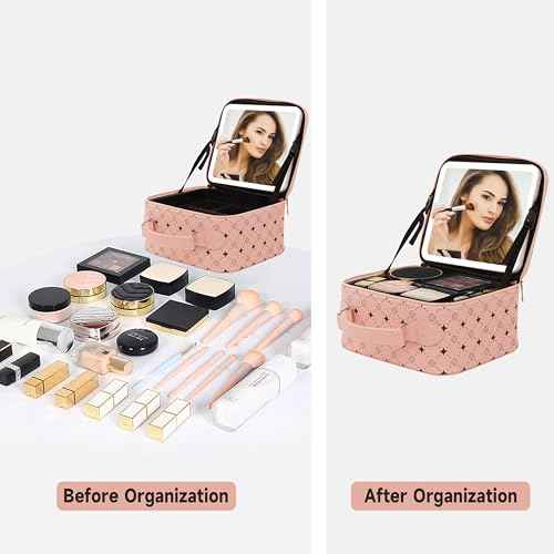 Travel Makeup Bag With 360¡Æ rotating LED Mirror,Waterproof cosmetic organizer,Portability Cosmetic case,Makeup organizer,Gift for Women,Girls Gift (Pink)