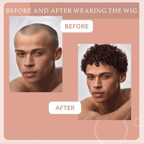 Men's Full Head Wig with Real Hair, Curly Wig, Short Curly Hair, Fluffy and Realistic Curly Strands, Thin Skin, Daily and Party Men's Wig (dark brown)