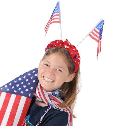 2pcs 4th of July Headband for Women Red and Blue Pearl Knotted Headband American Patriotic Element Pearl Rhinestone Jeweled Hairband Fourth Band American Independence Day Hair Accessories Gifts