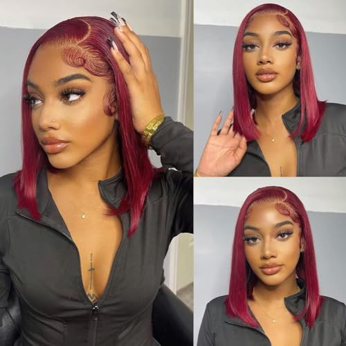 Flady 99j Burgundy Bob Wig Human Hair 13x4 Bob Lace Front Wigs Human Hair Pre Plucked 150% Densiy HD Transparent Lace Frontal Wigs Human Hair for Women Glueless Short Bob Wigs 10 inch