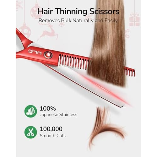 ULG Kids Hair Cutting Scissors Set - Safe Round Tip Shears for Toddlers, Adults & Pets, Professional Japanese Stainless Steel, 30-Tooth Thinning & Razor Edge Barber Kit with Comb & Case, Christmas Red