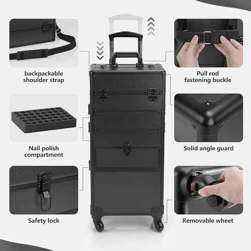 4 in 1 Rolling Makeup Case on Wheels with Drawer and Professional Cosmetic Organizers for Salon Barber - Bright Black