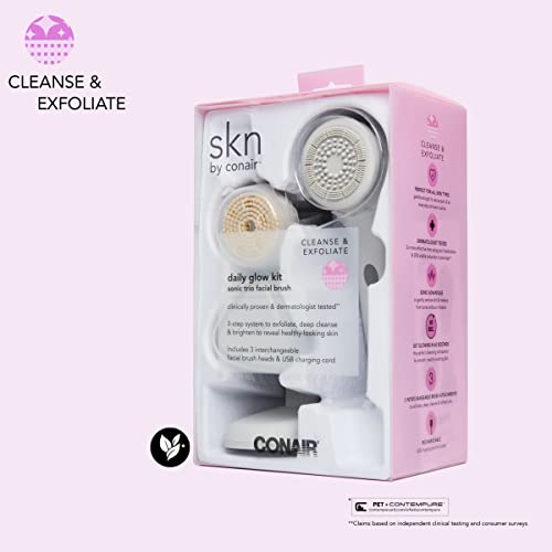 skn by conair Daily Glow Facial Cleansing Brush, All-in-One Facial Brush Includes 3 Interchangeable Attachments for Complete Cleansing, Exfoliation, and Rejuvenation