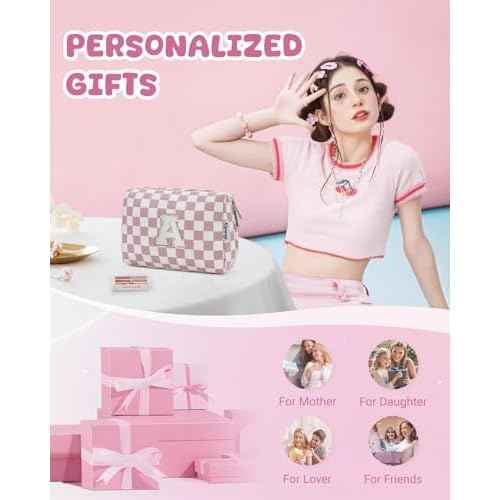 Narwey Christmas Gifts Personalized Initial Makeup Bag, Teen Girls Kids Trendy Stuff 10 11 12 13 14 16 18 Years Old, Gift for Women Bridesmaid Graduation, Travel Toiletry Preppy Cosmetic Bag (Pink A)
