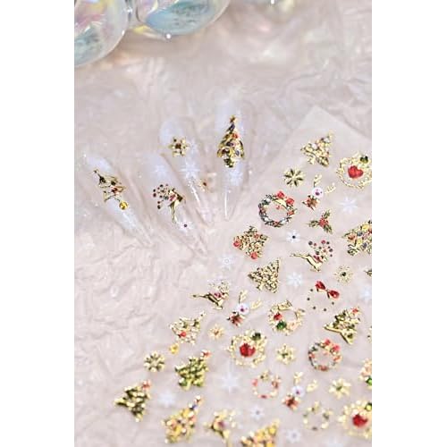 Christmas Nail Art Stickers 5D Embossed Shiny Gold Xmas Tree Nail Stickers Elk Wreath Snowflake Nail Decals for Women Girls Winter Holiday Manicure DIY Nail Supplies
