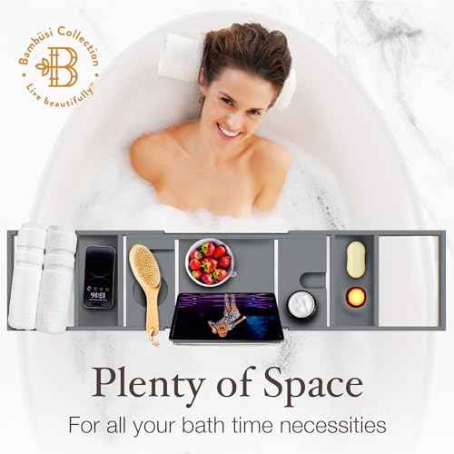 Bathtub Tray - Expandable Gray Bamboo Bath Tray for Tub with Wine Glass Holder, Book & Tablet Stand - Wooden Bathtub Caddy for Bathroom Accessories, Spa Relaxation, Housewarming & Wedding Gift