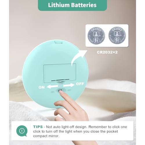 WOBSION LED Lighted Travel Makeup Mirror, 1x/10x Magnification, Compact, Portable for Handbag, Purse, Pocket, 3.5 inch Illuminated, Folding, Handheld, 2-Sided, Round, Cyan