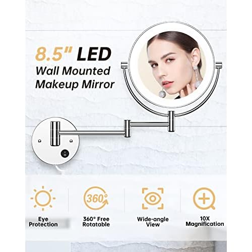 Gospire 8.5" Wall Mounted Lighted Magnifying Mirror, 1X/10X Double-Sided Magnification Round LED Cosmetic Vanity Bathroom Mirror Extendable Arm 360¡Æ Swivel for Shaving Makeup