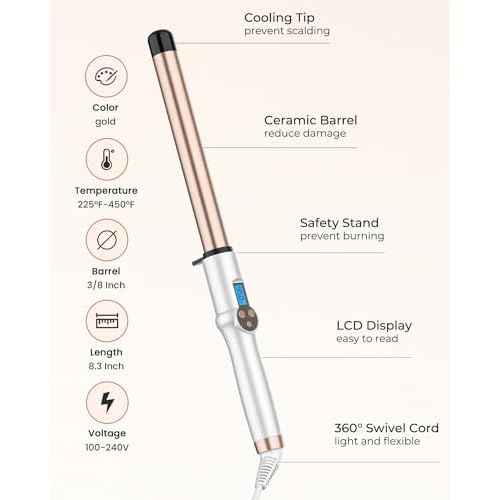 1 Inch Extra Long Barrel Curling Wand, Ceramic Tourmaline Curling Wand Professional Dual Voltage with Adjustable Temperature