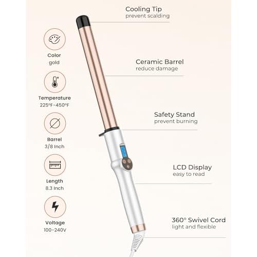 1 Inch Extra Long Barrel Curling Wand, Ceramic Tourmaline Curling Wand Professional Dual Voltage with Adjustable Temperature