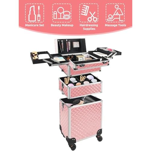EBANKU Rolling Makeup Train Case Large Capacity Cosmetic Trolley, 3 in 1 Aluminum Professional Salon Travel Case with Key Swivel Wheels Traveling Cart Trunk for Hairstylists Nail Tech - Pink