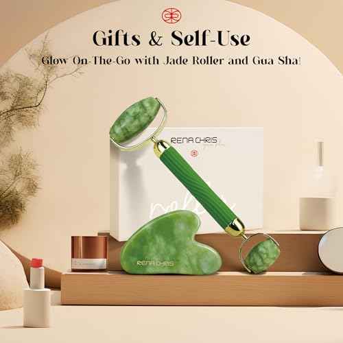 Rena Chris Gua Sha and Face Roller Set: Anti-Breakage Jade Roller for Long-Lasting Use, Jawline Sculpting and Puffiness Reducing, Gua Sha Facial Tools for Self Care Gift (Green)