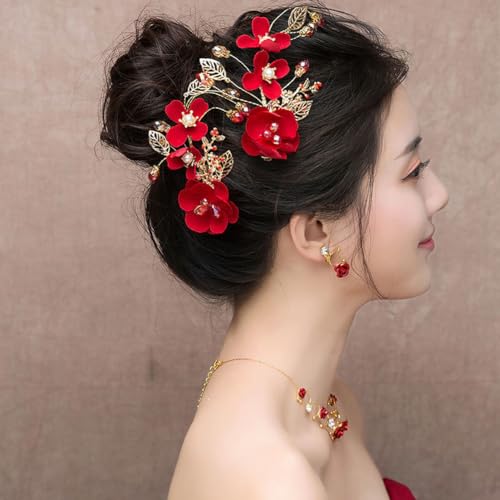 2 Pack Red Flower Hair Clips Rose Floral Bridal Hairpins Crystal Pearl Flower Bride Headpiece Red Wedding Accessories for Women Girls Halloween Chrismas Party Prom