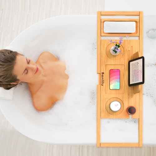Premium Bamboo Bathtub Tray Caddy - Bath Tub Tray Table for Bathtub - Bath Caddy Tray for Bathtub, Expandable Size, Fits Most Bath Tubs
