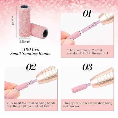 MelodySusie 120 Pcs Nail Drill Bits Small Sanding Bands for 3.1mm Mandrel Bit, 180 Fine Grit Nail File for Acrylic Nails Gel Manicures and Pedicure, Pink (Only Sanding Bands)