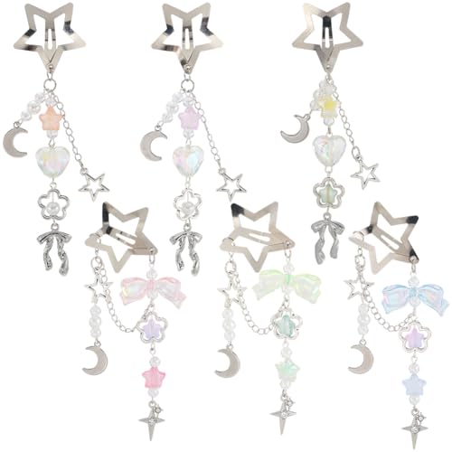 SUNNYCLUE 1 Box DIY 6 Sets Star Tassel Hair Clips Making Kit Hairclip Pack Stars Moon Bowknot Cute Hairpins Hairclips With Beaded Tassels Hairpin Accessories for Women Braid Long Short Thin Thick Hair