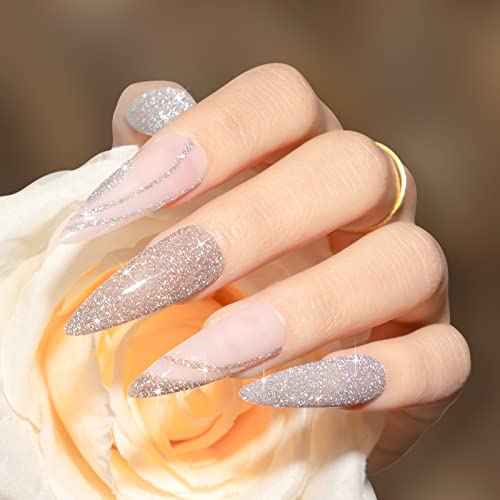 MIZHSE Reflective Gel Nail Polish, Glitter Silver and Gold Gel Polish 2 Colors, Sparkle Shiny Diamond Nail Gel Manicure Set Nail Art at Home Salon 10ML
