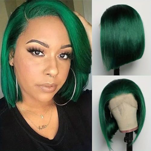 13x4 Teal Green Color Lace Front Human Hair Wigs Pre Plucked Blunt Cut Bob Style Pre Colored Green 13x4 Transparent Lace Frontal Wigs Human Hair (Turquoise, 14 inch)