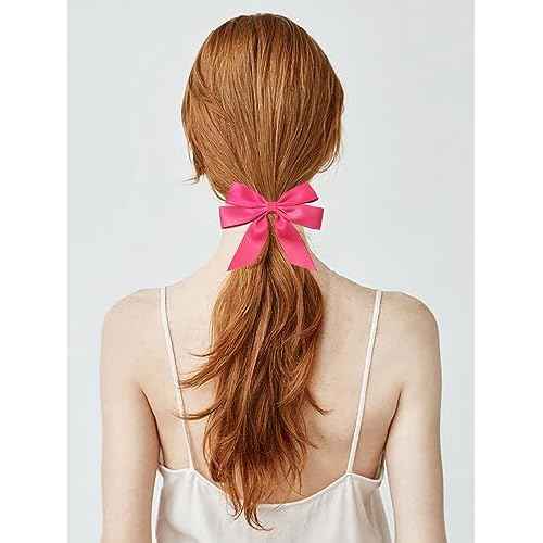 Furling Pompoms Cute Hair Bow Clip with Tail, Ribbon, Hot Pink, 2pcs - Party Hair Accessories for Women