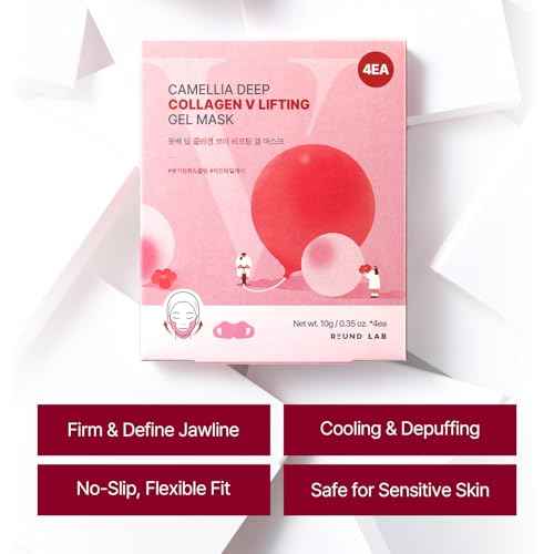 ROUND LAB Camellia Deep Collagen V Lifting Gel Mask 4EA | Double-chin Mask, Instant Cooling & Depuffing, Face Toning Belt, Collagen V-line, Improves Sagging Skin, Lifting & Firming 10g/0.35oz