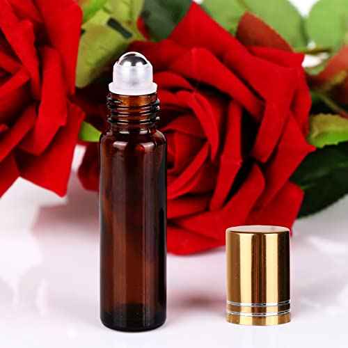 inice 4 Pack Essential Oil Roller Bottles 10ml Amber Glass RollerBall Bottle with Stainless Steel Roller Ball Alloy Cap for Daily Care