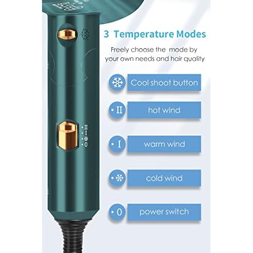 Professional Ionic Hair Dryer Blow Dryer with Diffuser and Concentrator for Curly Hair,Foldable Handle Travel Hair Dryer,Constant Temperature Hair Care (Vintage Green)
