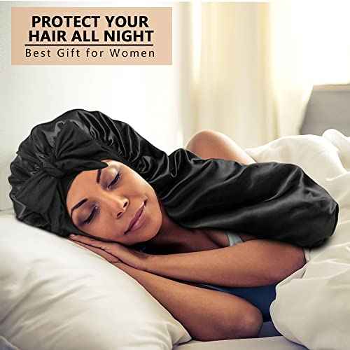 2pcs Long Satin Bonnets with Tie Band, Large Braid Bonnet Silky Hair Cap for Locs Women Sleeping, E