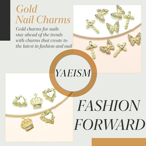 80PCS Gold Nail Charms Crystal Gold Heart Nail Charm Shiny Crown Nail Charms Sparkly Butterfly Charms Alloy Gold Nail Crosses for Nail Art and DIY Crafts Decoration