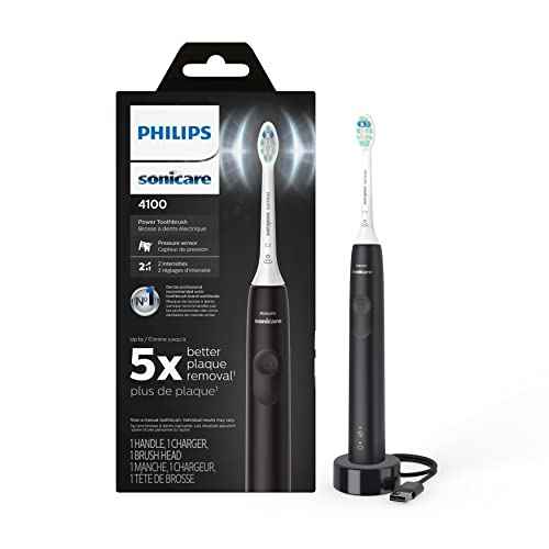 Philips Sonicare 4100 Electric Rechargeable Power Toothbrush, Black, with Genuine Philips Sonicare Optimal Plaque Control Replacement Toothbrush Heads, White, 3 Pack