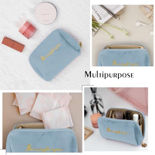 Velvet Makeup Bag, Portable Zipper Make Up Pouch, Cute Small Cosmetic Bag, Flannel Toiletry Bag, Travel Storage Bag Gifts for Women Girls(Blue)