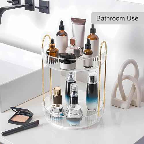 YCIA&DONE 360 Rotating Makeup Organizer and Storage for Vanity Bathroom Countertop, High Capacity Cosmetic Skincare Perfume Organizers for Dresser Lazy Susan (Clear White,2 Tiers)