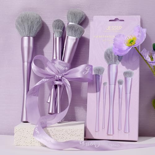 Jessup Makeup Brushes Face 5pcs, Premium Synthetic Make Up Brushes Set for Foundation Contour Blush Highlighter and Powder, Luxury Purple T514