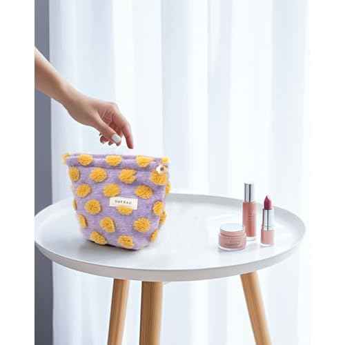 LETGO Fuzzy Makeup Bag Quilted Cosmetic Bag Puffy Coquette Makeup pouch Aesthetic Cotton Fleece Purple Travel Toiletry Bag Organizer Makeup Brushes Storage Bag for Women (Purple-Small)