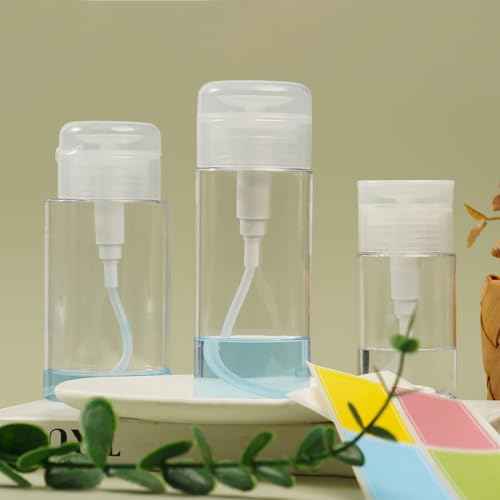 3 Pack Push Down Pump Dispenser,Clear Push Top Empty Bottles with DIY Stickers for Alcohol,Nail Polish,Makeup Remover,Toner (80ml)