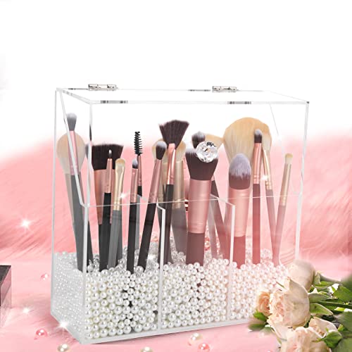 Acrylic Makeup Brush Holder, Clear Cosmetic Storage Box with 3 Brush Holders, Dust Cover, Large-Capacity Split Design for Organizing Vanity Desk