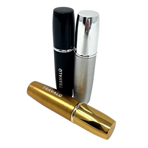 Travalo LUX Perfume Atomizer Bundle - Leak-Proof and TSA Approved for Air Travel - Reusable, Easy Fill Mini Pump Sprayer - Lightweight, Brushed Polished Metal - Gold, Black, Silver - 3 Pack