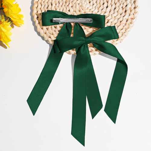 2PCS Dark Green Hair Bows Solid Satin Polyester Ribbon Bow Hair Clips Ponytail Big French Hair Barrettes with Long Tail Wedding Dress Decor Hair Accessories for Women Toddler Teen Girls