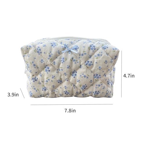 Cotton Quilted Makeup Bag Coquette Accessories Make up Bag Organizer Cute Floral Cosmetic Pouch Travel Makeup Bag for Women (Blue floral)