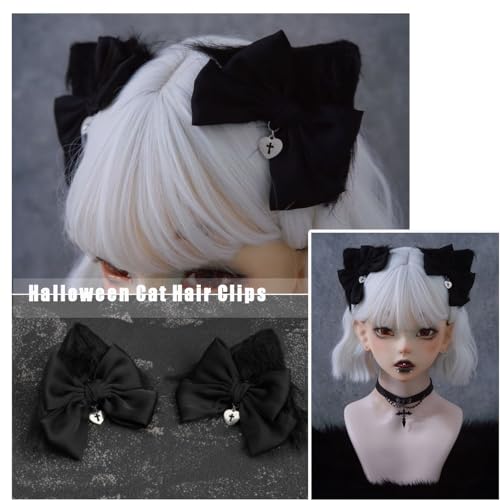2 Pcs Halloween Gothic Hair Clips Black Lolita Bow Plush Cat Ear Hairpins Hair Barrettes for Women Girls Hair Accessories Cosplay Halloween Party Tea Party