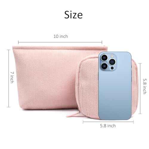 2Pcs Makeup Bag for Women, Large Corduroy Cosmetic Bag Capacity Travel Toiletry Bag Mini Makeup Pouch for Purse Small Makeup Organizer Bag Cute Makeup Brushes Storage Bag (Large+Mini Pink)