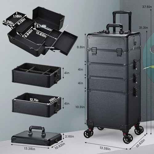 FRENESSA Rolling Makeup Case Makeup Train Case with Lid 5 in 1 Cosmetology Case on Wheels Large Makeup Organizers Salon Cart Barber Trolley Nail Teach Makeup Artist Trunk Cart Black