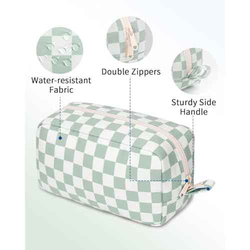 Narwey Checkered Makeup Bag Travel Cosmetic Bag Organizer Small Toiletry Bag Make Up Bags with Comparments for Women and Girls, Gift for Teen Girls (Mint Green Checkerboard, Large)