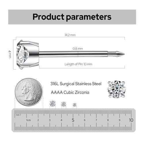 Ear Piercing Kit | Disposable Ear Piercing Gun Kit Made in 316L Surgical Stainless Steel 4mm - 4prong Cubic Zirconia | At Home Self Piercing Kit with Earrings Studs