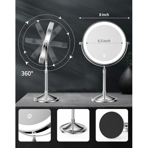 DOWRY 4000 mAh Rechargeable Lighted Makeup Mirror 20x Magnification Vanity Mirror Tabletop Two-Sided Swivel Gifts Women Chrome