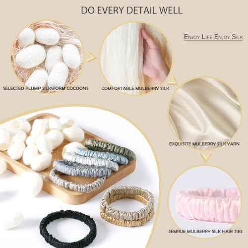 22 Momme 100% Pure Mulberry Silk Scrunchies (4 PCS) - Small Hair Elastics and Ties for Women, Sleep Hair Care, No Damage, Black