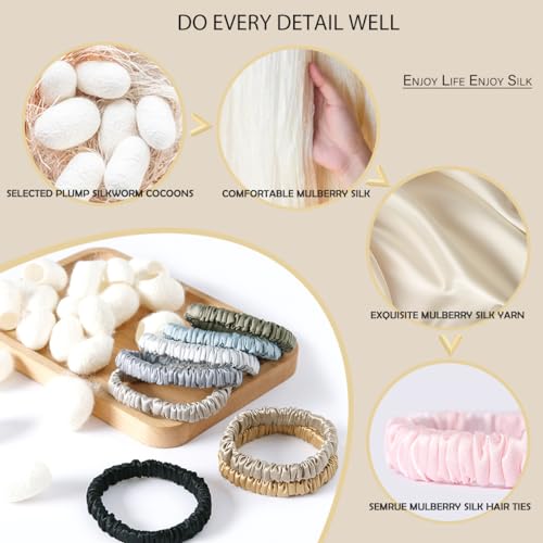 22 Momme 100% Pure Mulberry Silk Scrunchies (10 PCS) - Small Hair Elastics and Ties for Women Sleep, Hair Care No Damage, Black*5+Brown*5